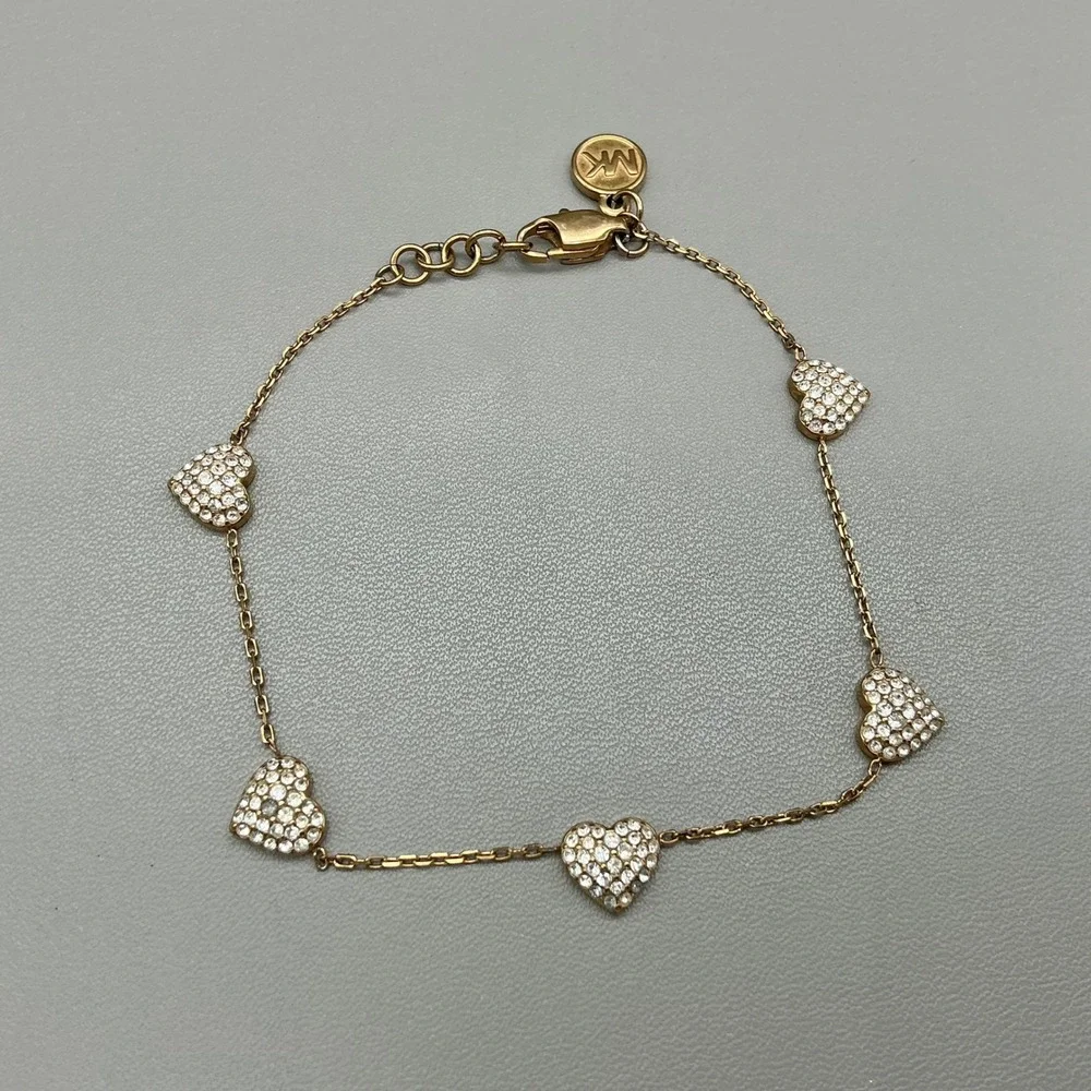 Michael Kors Bracelet Gold Tone Crystal Pave Heart Charm Chain Adjustable